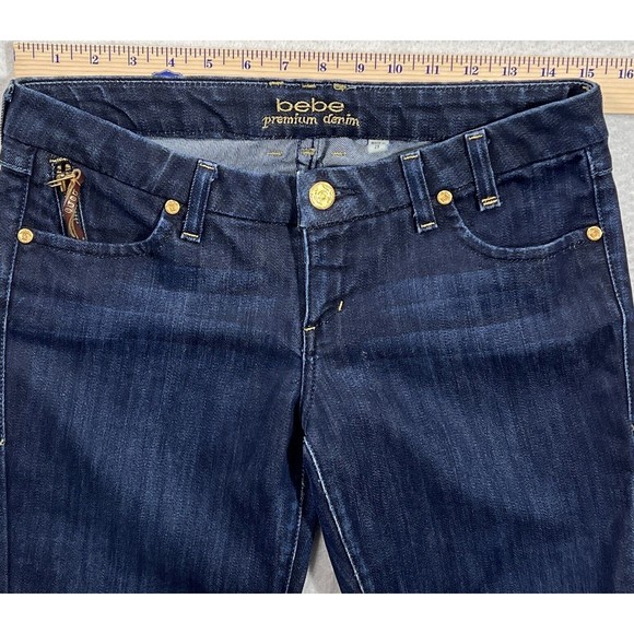 Bebe Premium Denim Skinny Jeans Dark Wash Gold Embroidered Monogram Women Sz 29 - Picture 6 of 12